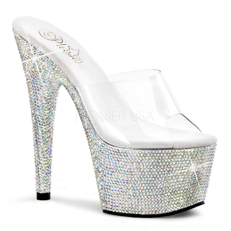 PLEASER Bejeweled-701DM Silver Rhinestones Stripper Dancer Club Slides 7" Heels - A Shoe Addiction