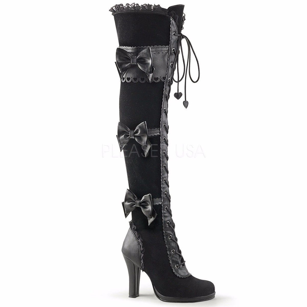 DEMONIA Glam-300 Black Goth Lolita Lace Velvet Bows Lace Up Thigh Boots Heels - A Shoe Addiction