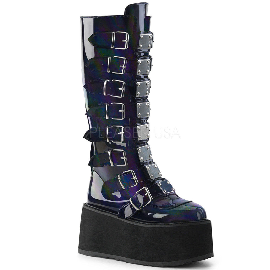 DEMONIA Damned-318 Hologram White Velvet Vegan Leather Goth Spike Buckles Boots - A Shoe Addiction