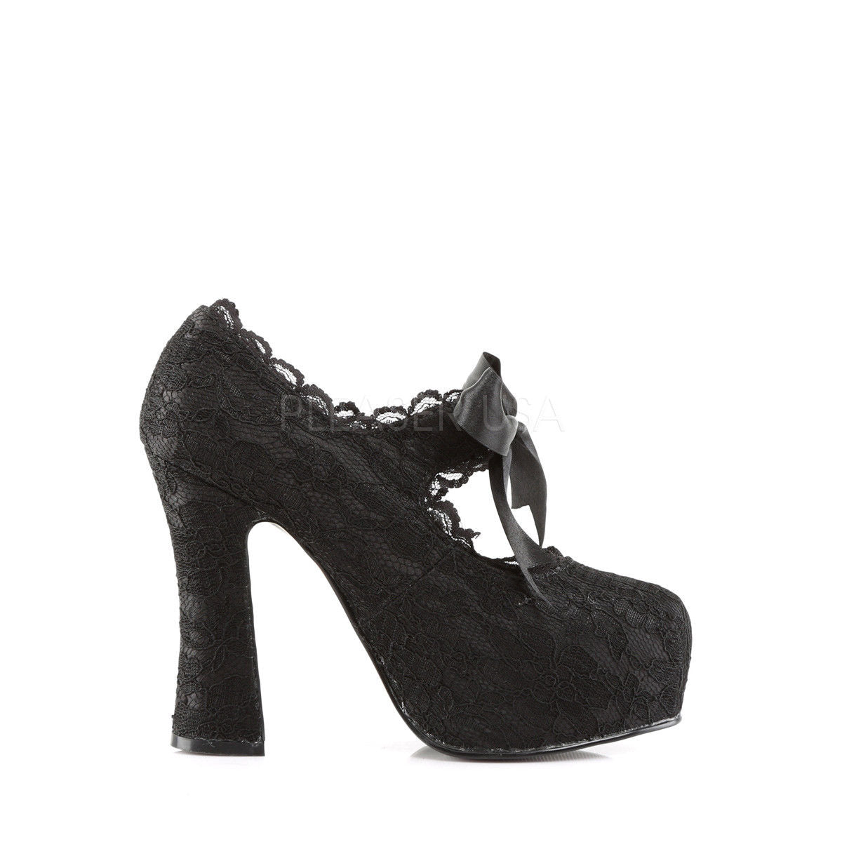 DEMONIA Demon-11 Black Satin Lace Goth Ribbon Bow Platforms Mary Janes 5" Heels - A Shoe Addiction