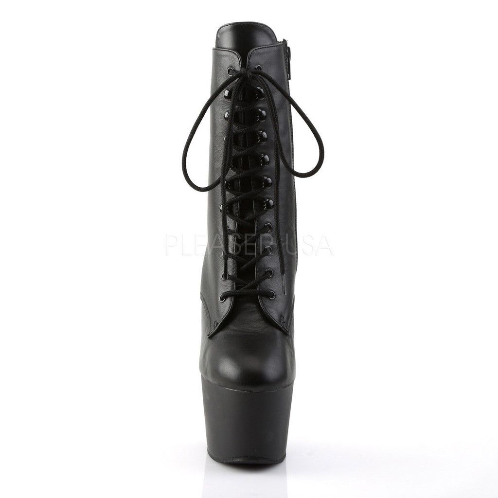 PLEASER Adore-1020 Black Real Leather Lace Up Zip Ankle Calf 7" Platform Boots - A Shoe Addiction