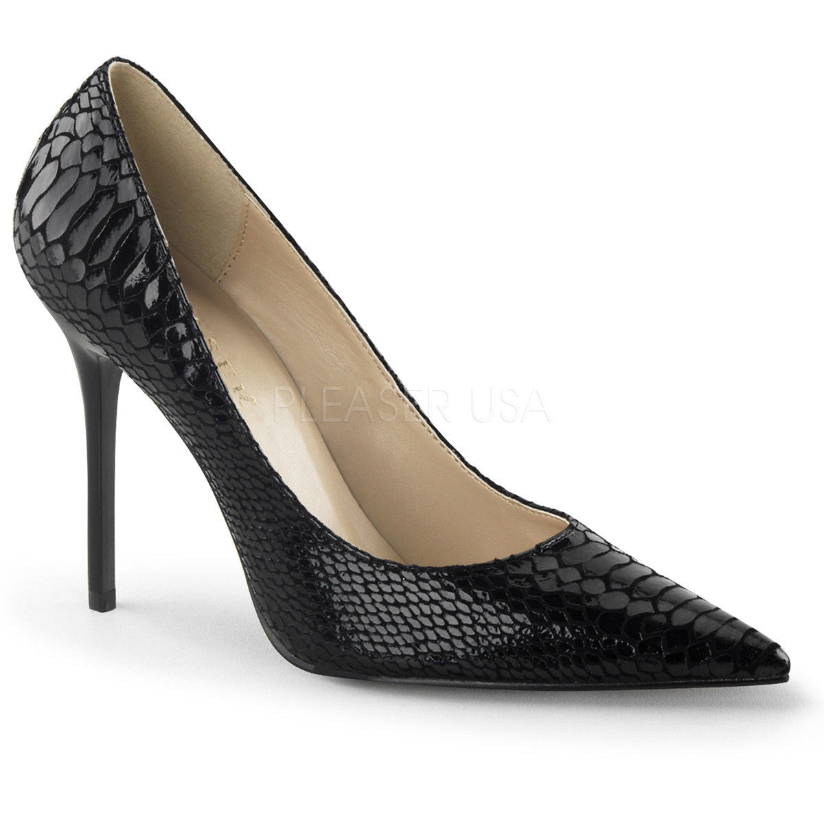 PLEASER Classique-20SP Black Snake Print Leather 4" Heels Pumps Drag Womens 4-15 - A Shoe Addiction