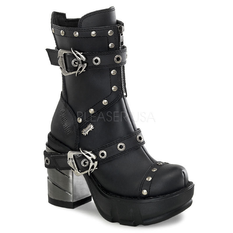 DEMONIA Sinister-201 Women's Goth Steampunk Cyber ABS Chrome Industrial Boots - A Shoe Addiction