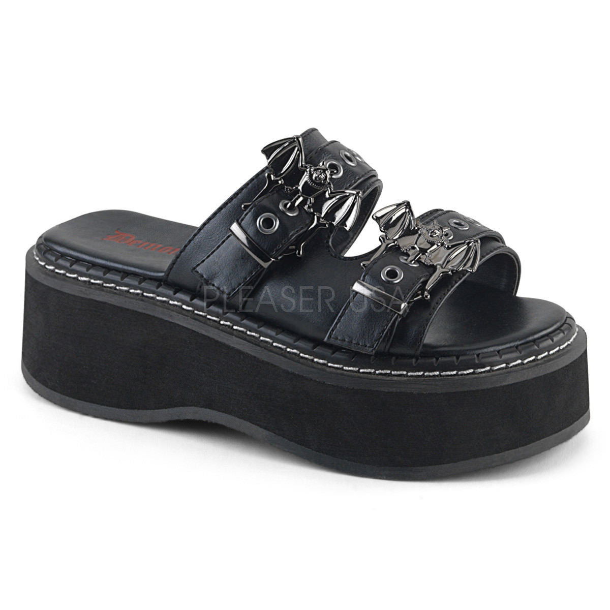 DEMONIA Emily-100 Goth Gothic Bat Buckles Double Strap Sandals 2" Platform Heels - A Shoe Addiction