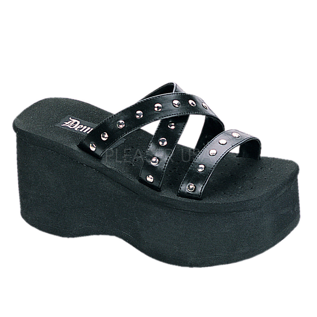 DEMONIA Funn-19 Goth Punk Studded Strappy Slides Slip On Thongs Platform Sandals - A Shoe Addiction