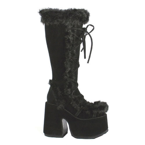 DEMONIA Camel-311 White Black Vegan Suede Leather Faux Fur Goth Platform Boots - A Shoe Addiction