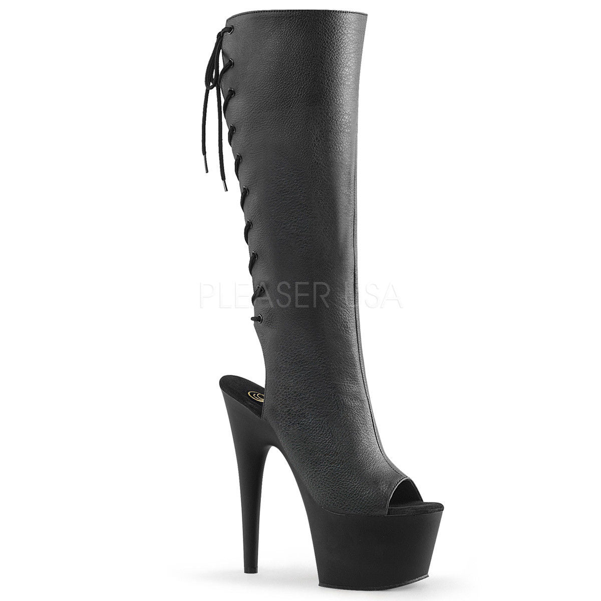 PLEASER Adore-2018 Sexy Black Laces Lace Up Open Heel Back Peep Toe Knee Boots - A Shoe Addiction