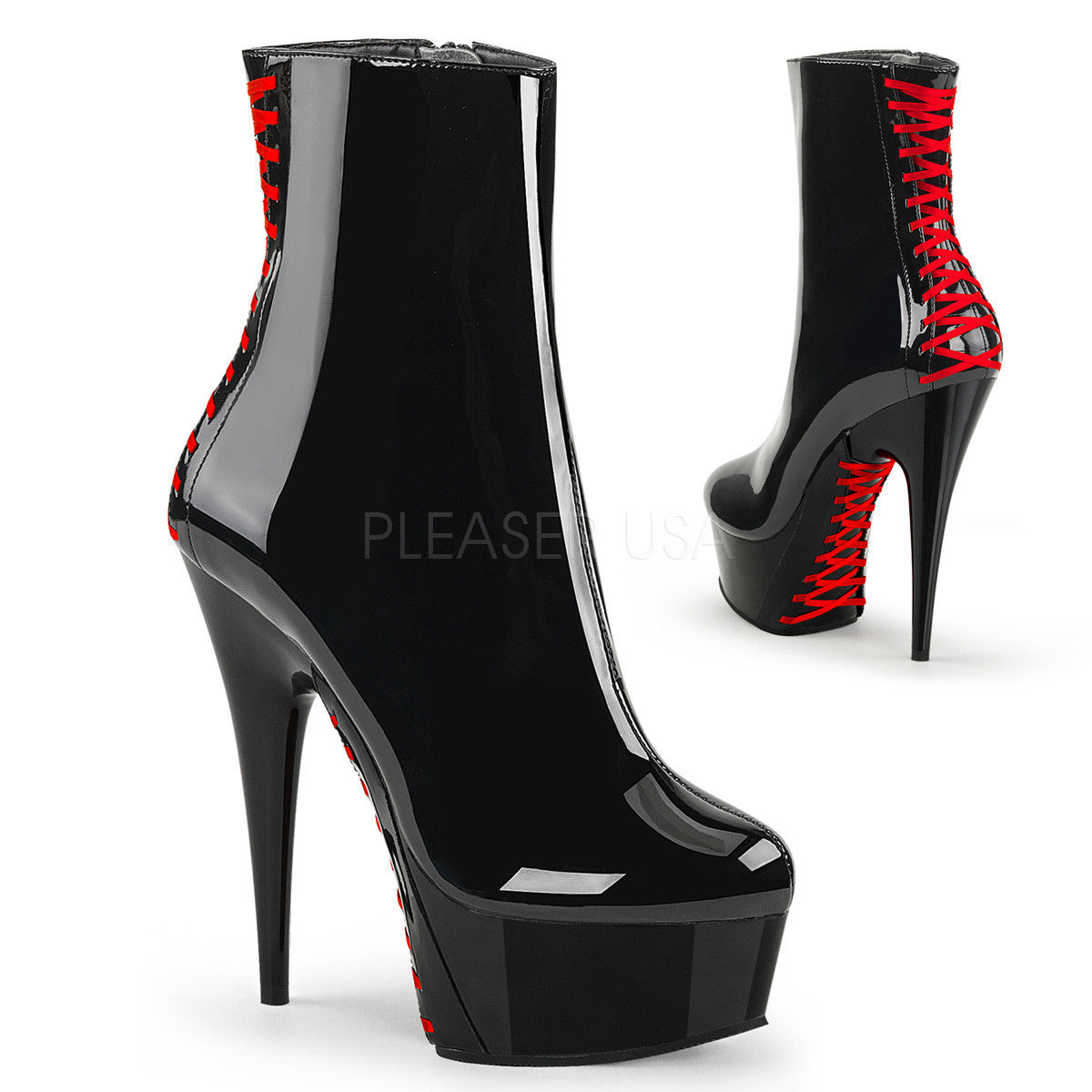 PLEASER Delight-1010 Black Red Corset Ribbon Lacing Platform Ankle Boots Heels - A Shoe Addiction