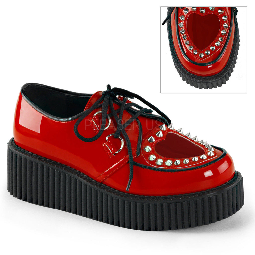 DEMONIA Creeper-108 Red Patent Goth Punk Spike Heart Cutout Platforms Shoes - A Shoe Addiction