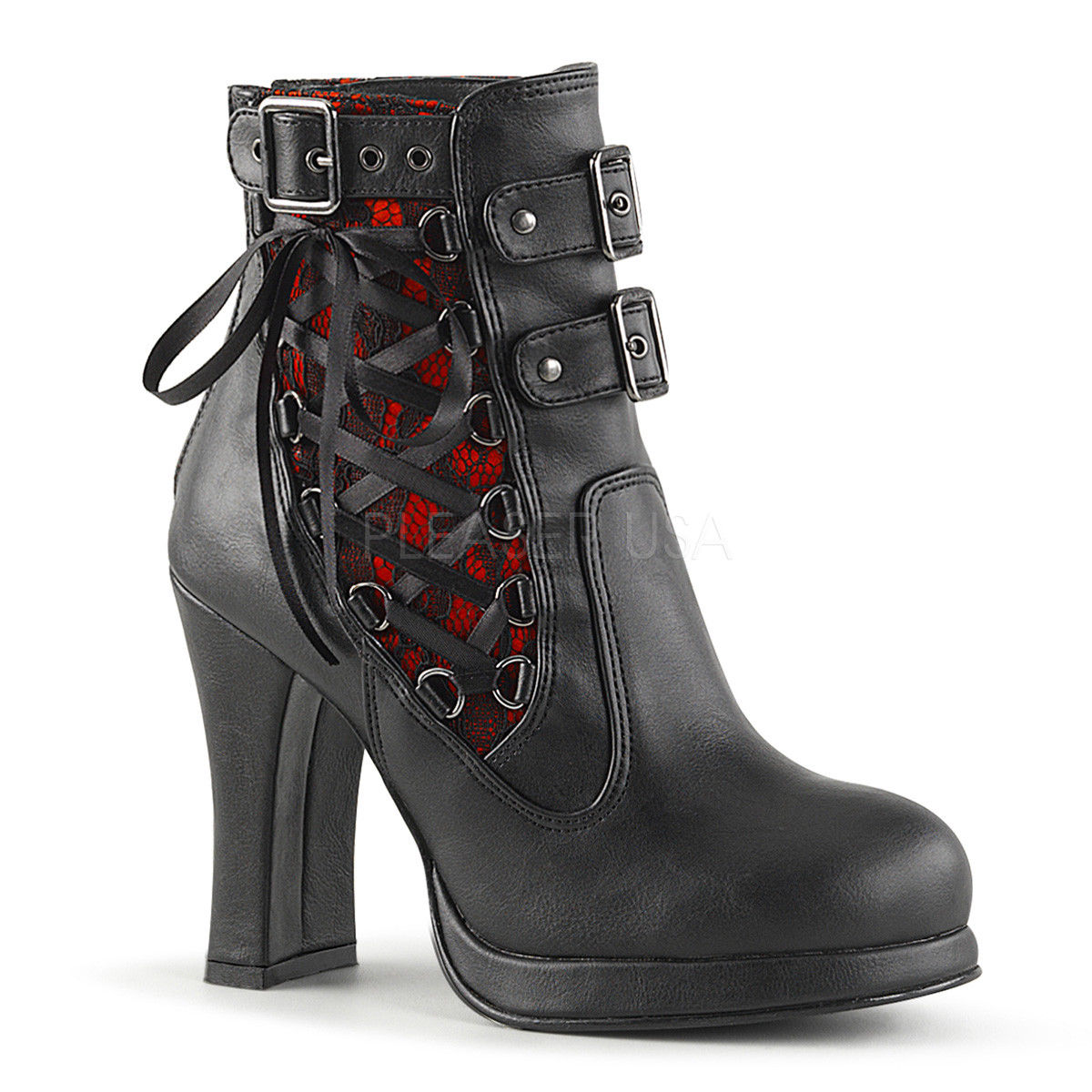 DEMONIA Crypto-51 Black Red Lace Overlay Corset Laces Goth Ankle Boots 4" Heels - A Shoe Addiction