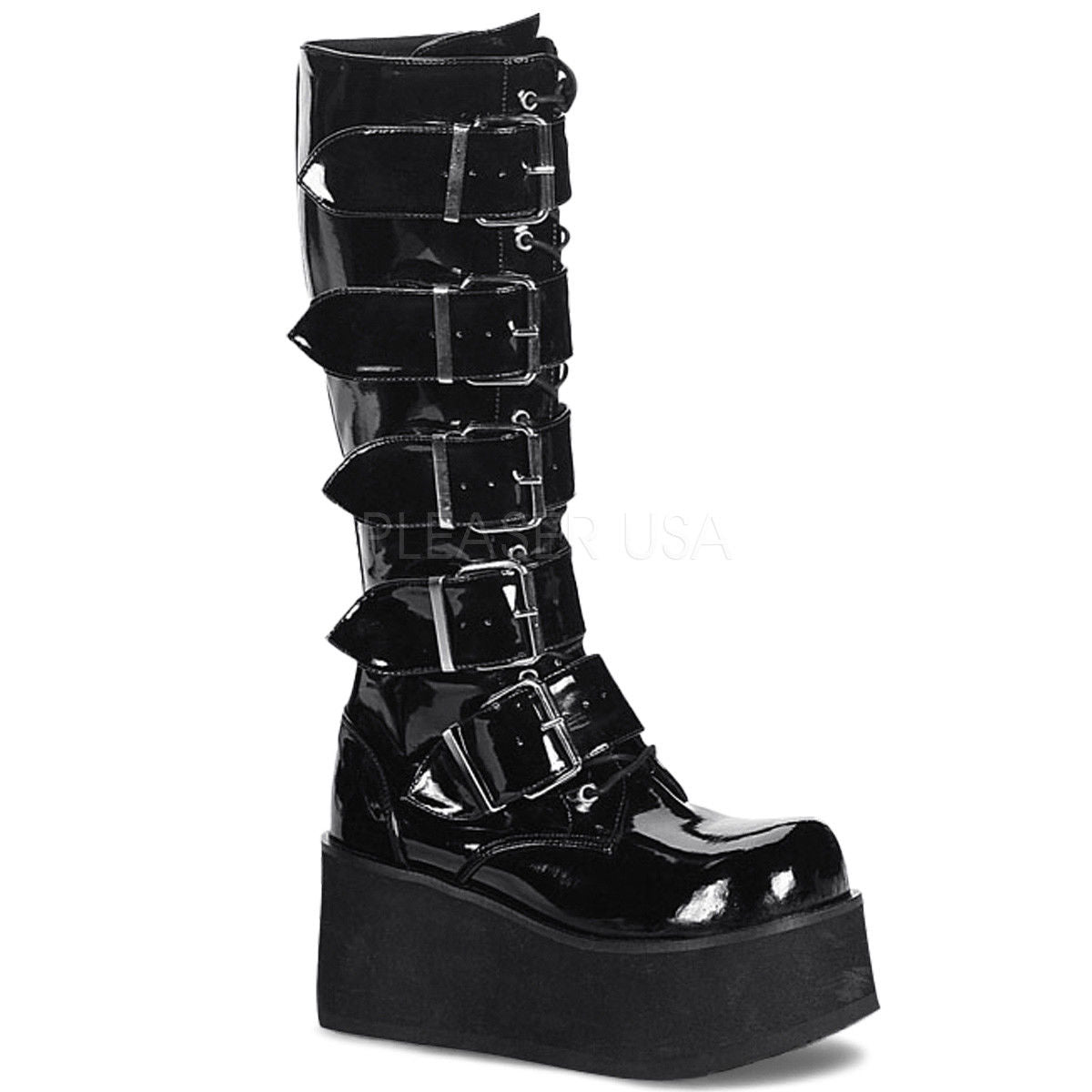 DEMONIA Trashville-518 Mens Unisex Goth Rocker 5 Buckle Zip Platform Knee Boots - A Shoe Addiction