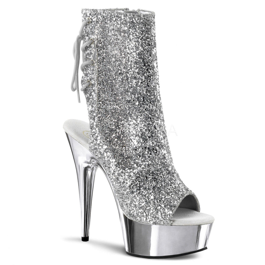 PLEASER Delight-1018G Silver Glitter Chrome Dancer Showgirl Platform 6" Boots - A Shoe Addiction