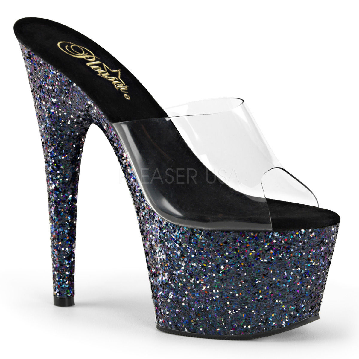 PLEASER Adore-701LG Blue Black Silver Glitter Slides Mules Platforms 7" Heels - A Shoe Addiction