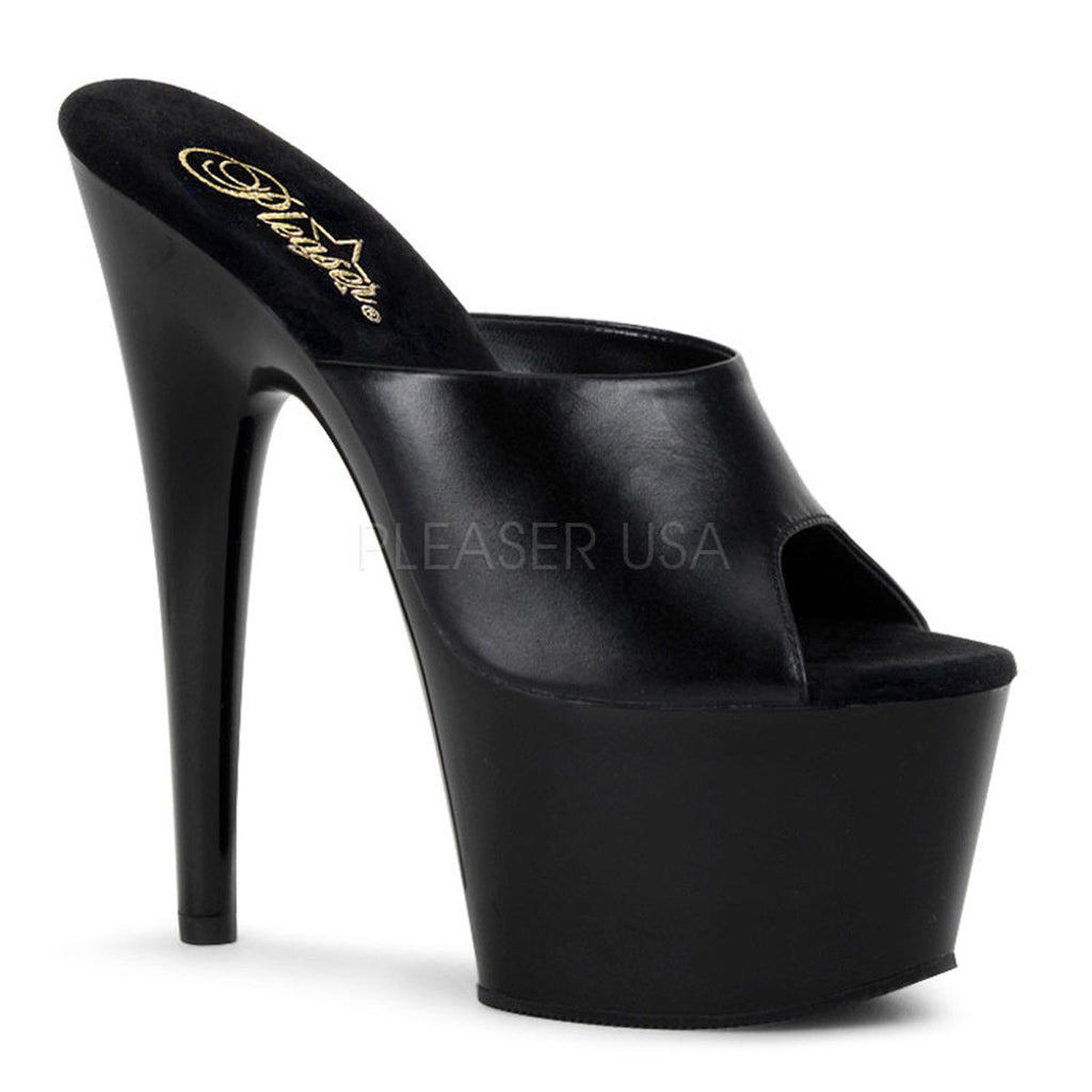 PLEASER Adore-701 Black Real Leather Slides Mules Pole Dancer Platforms 7" Heels - A Shoe Addiction