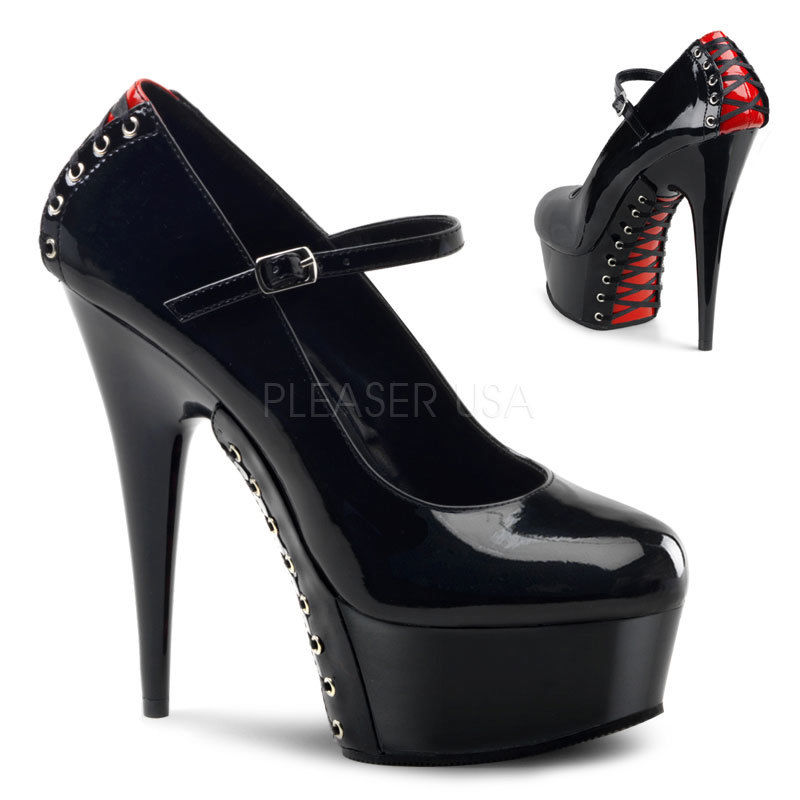 PLEASER Delight-687FH Pin Up Pinup Corset Ribbon Platform Mary Janes 6" Heels - A Shoe Addiction