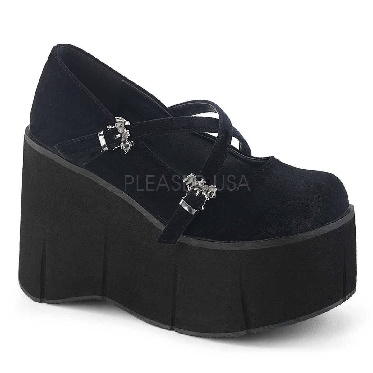 DEMONIA Kera-10 Black Burgundy Purple Velvet Goth Bat Mary Janes Platform Shoes - A Shoe Addiction