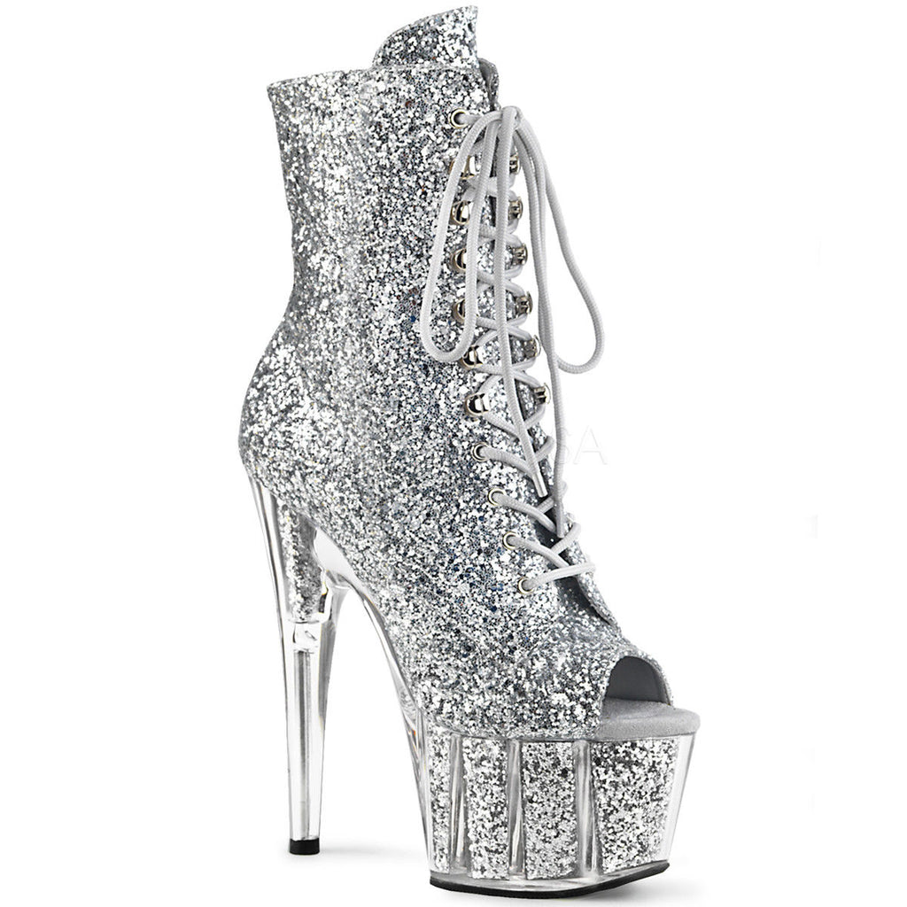 PLEASER Adore-1021G Glitter Showgirl Open Toe Platform Ankle Calf Boots 7" Heels - A Shoe Addiction