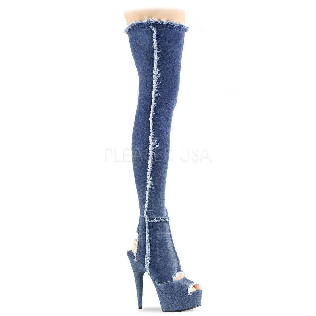 PLEASER Delight-3030 Blue Denim Jean Fabric Cutout Cut Out 6" Thigh High Boots - A Shoe Addiction