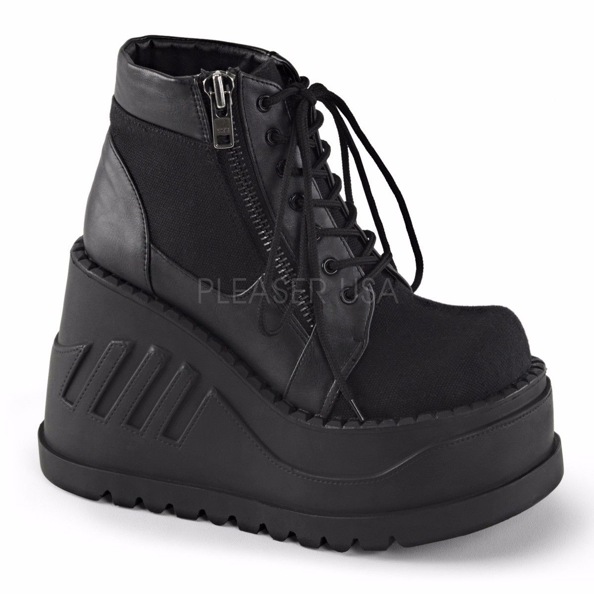 DEMONIA Stomp-10 Black Velvet Vegan Leather Goth Platforms Ankle Boots Booties - A Shoe Addiction