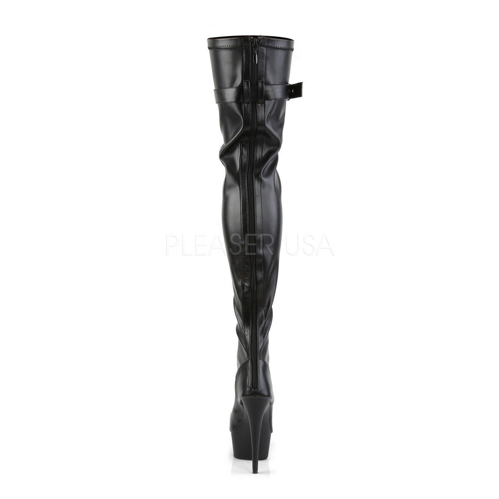 PLEASER Delight-3025 Black Stretch Faux Leather Lace Up Zipper 6" Thigh Boots - A Shoe Addiction