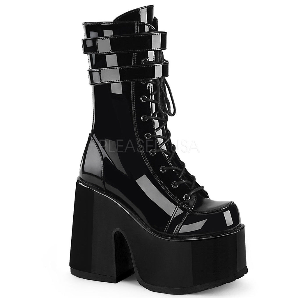 DEMONIA Camel-250 Black Goth Alternative Lace Up Mid Calf Thick Chunky Heel Boot - A Shoe Addiction