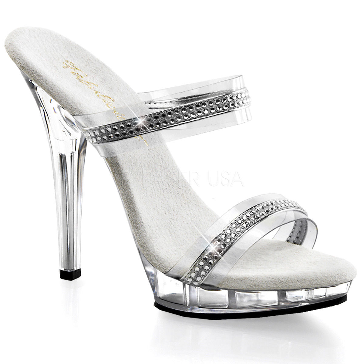 FABULICIOUS Lip-102-2 Clear Rhinestone Double Straps Dress Party Slides 5" Heels - A Shoe Addiction