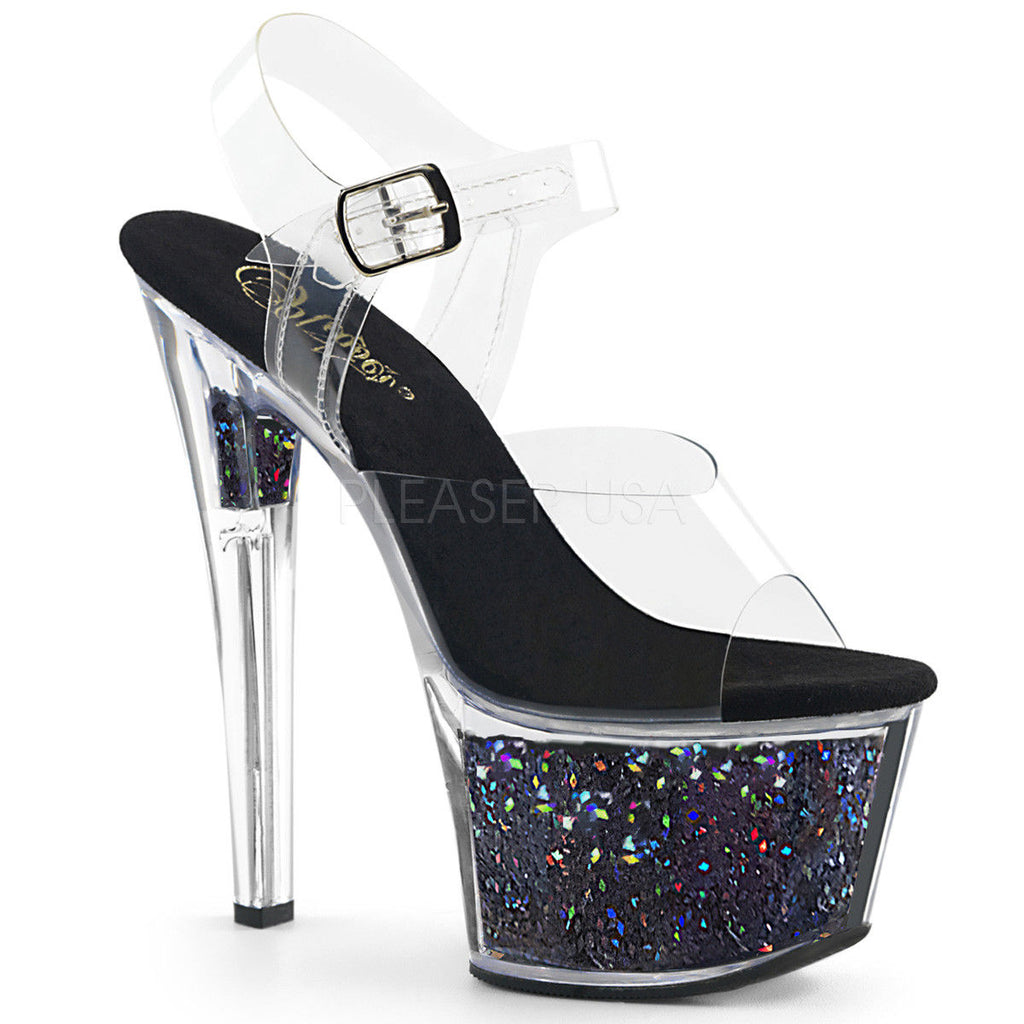 PLEASER Sky-308GF Diamond Holographic Glitter Dancer Club Strap Platform 7" Heel - A Shoe Addiction