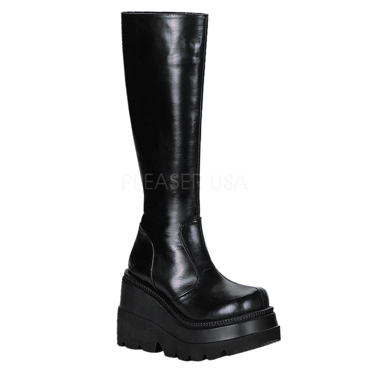 DEMONIA Shaker-100 Black Vegan Leather Goth Metal Platforms Wedges Knee Boots - A Shoe Addiction