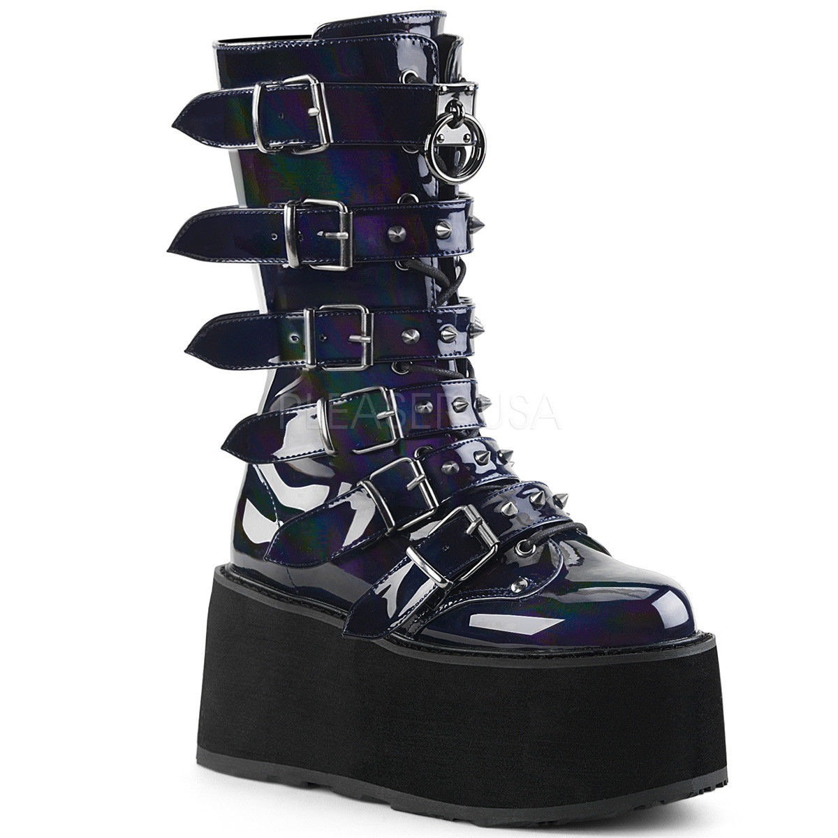 DEMONIA Damned-225 Hologram Velvet Vegan Leather Goth Spike Buckles Calf Boots - A Shoe Addiction