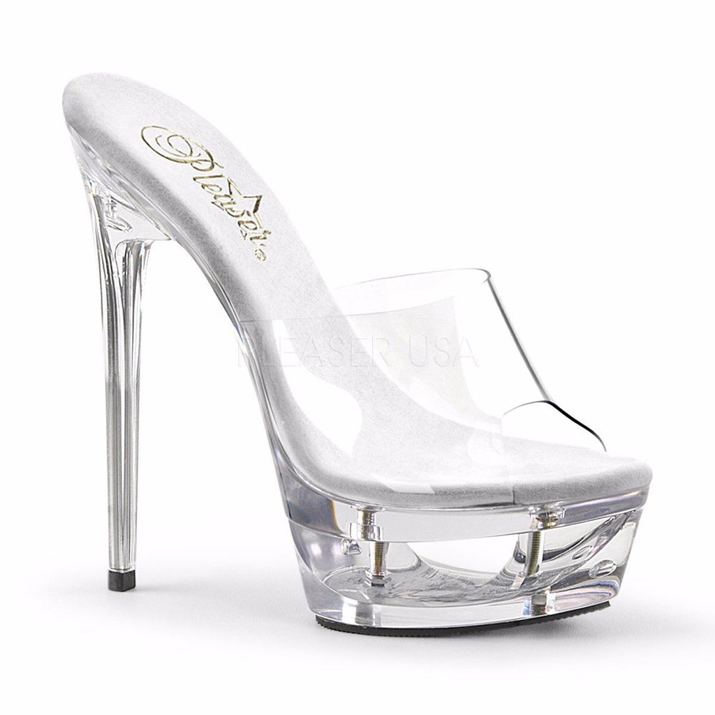 PLEASER Eclipse-601 Clear See Through Cut Out Platforms Slides Mules 6.5" Heels - A Shoe Addiction