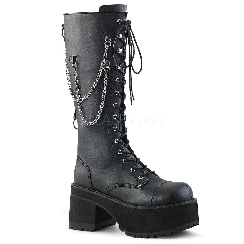 DEMONIA Ranger-303 Chain Strap Goth Punk Men's Unisex Combat Platform Knee Boots - A Shoe Addiction