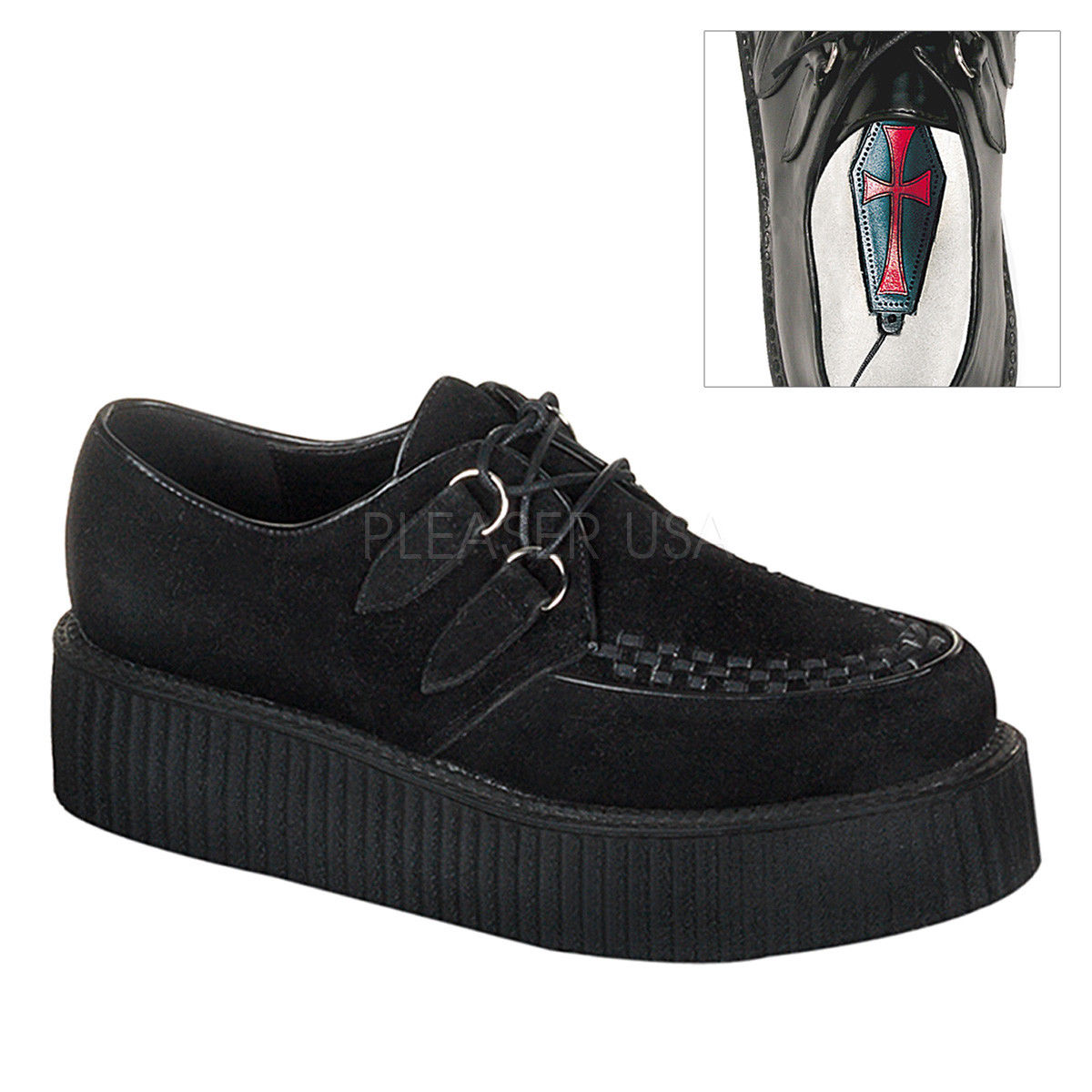 DEMONIA Creeper-402S Black Real Suede Men's Unisex Goth Punk Creepers Shoes - A Shoe Addiction
