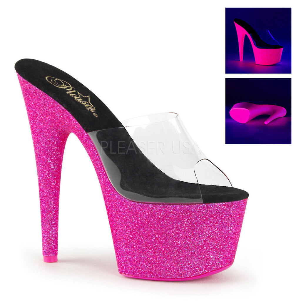 PLEASER Adore-701UVG Neon Pink Glitter UV Reactive Platforms Dancer Club 7" Heel - A Shoe Addiction