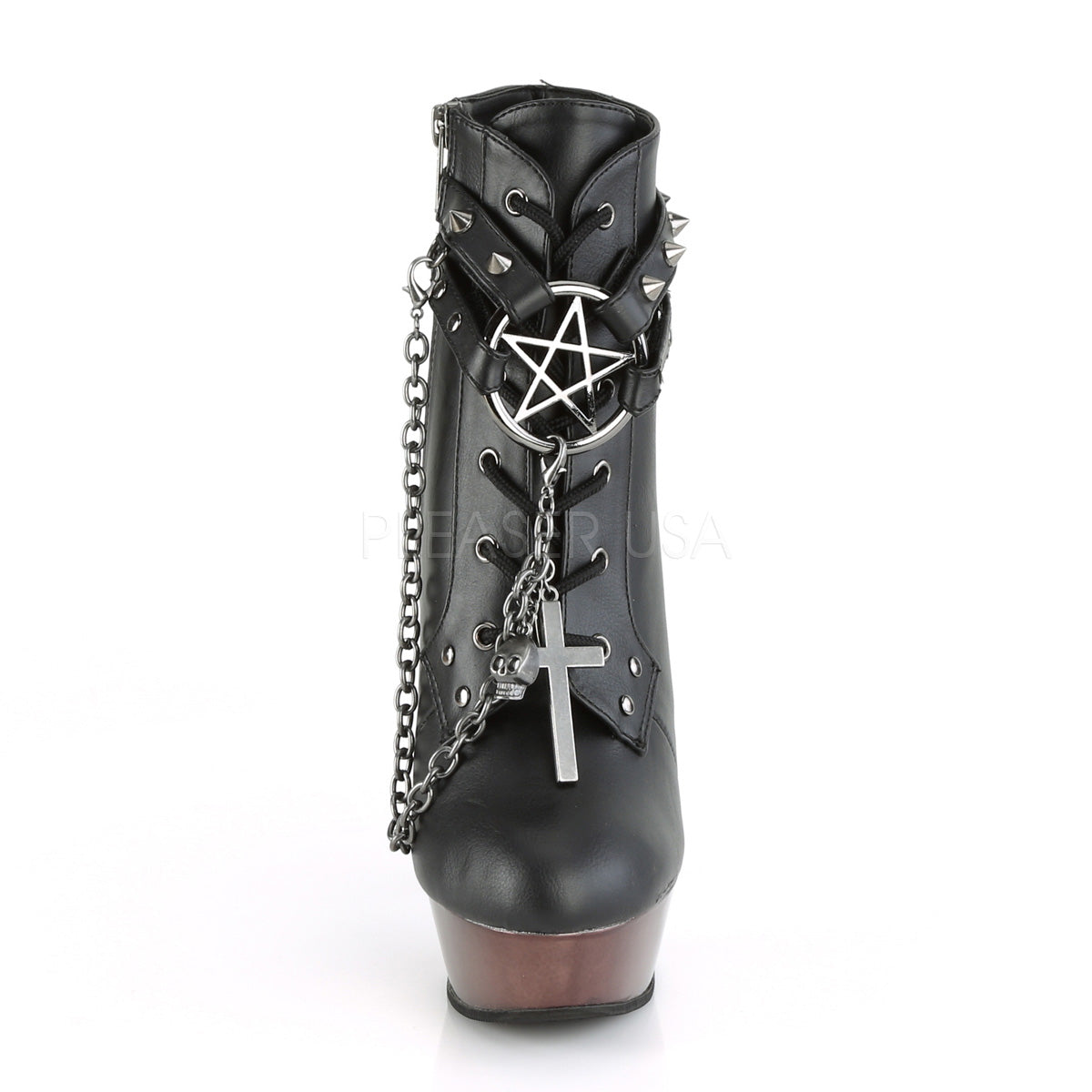 DEMONIA Muerto-1001 Pentagram Cross Skull Chrome Goth Bone Heels Ankle Boots - A Shoe Addiction