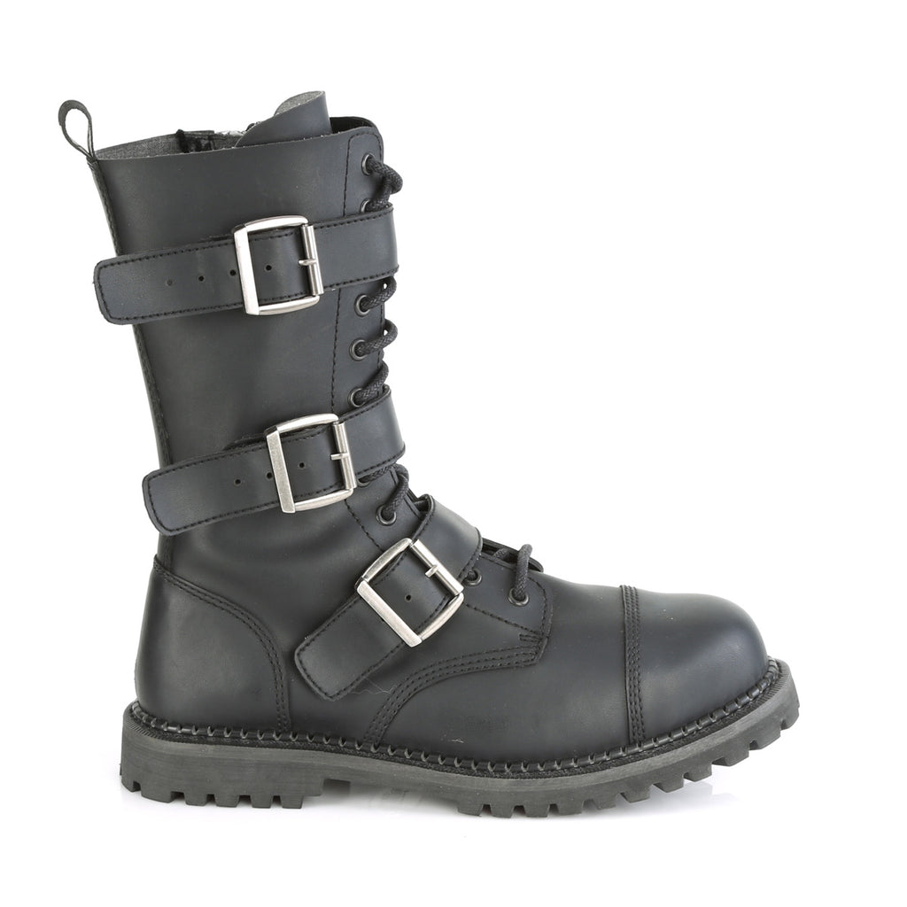 DEMONIA Riot-12BK Faux Vegan Leather Mens Unisex Goth Rocker Biker Combat Boots - A Shoe Addiction