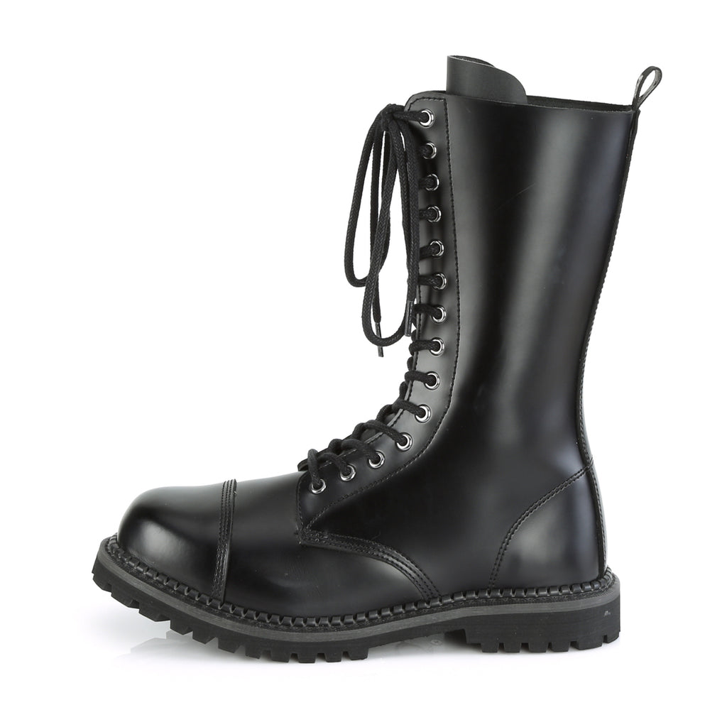 DEMONIA Riot-14 Black Real Leather Mens Unisex Goth Rocker Biker Combat Boots - A Shoe Addiction