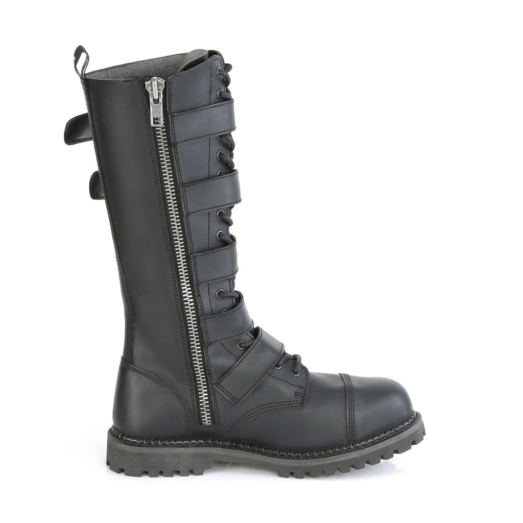 DEMONIA Riot-18BK Black Real Leather Mens Unisex Goth Rocker Biker Combat Boots - A Shoe Addiction