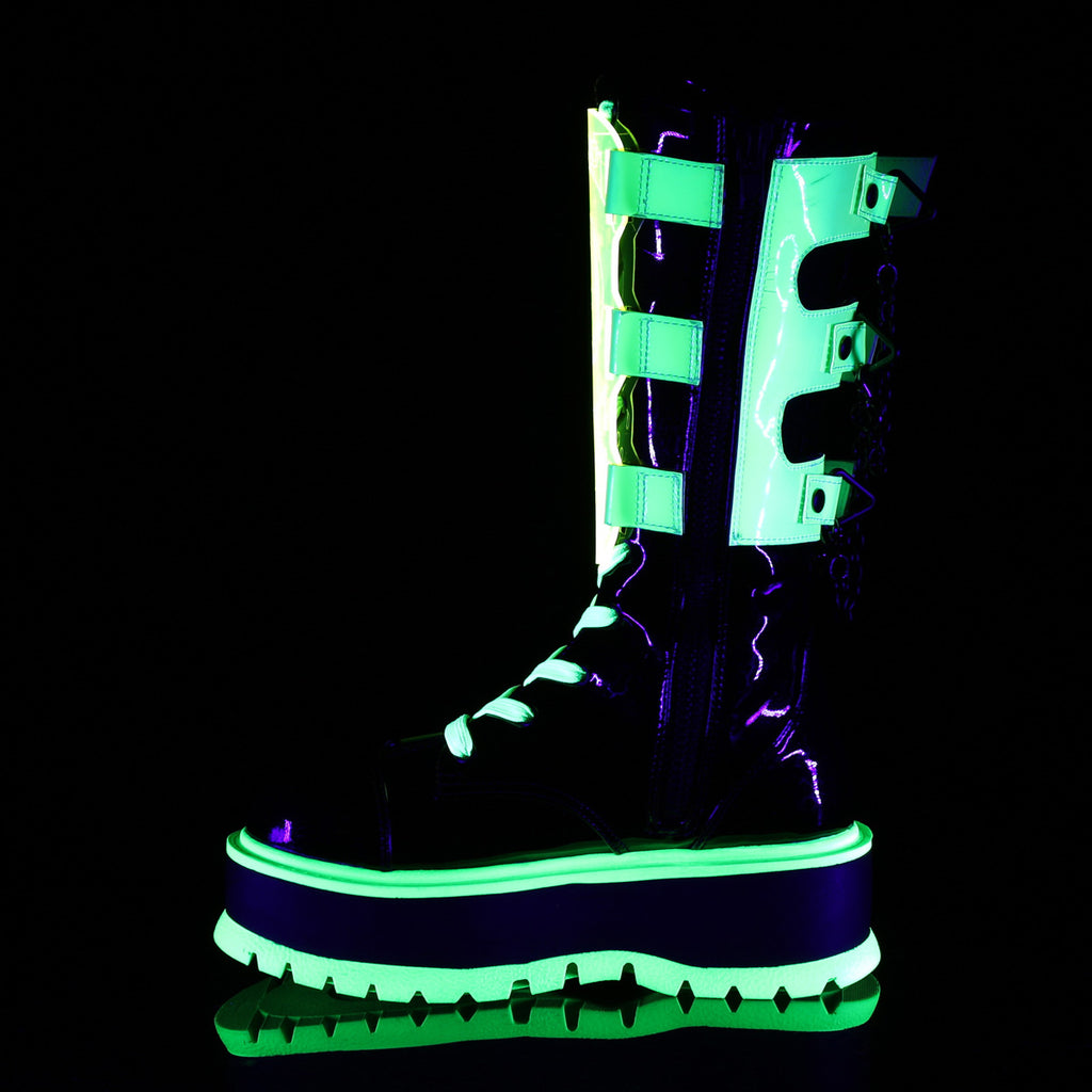 SLACKER-156 - Black Patent-UV Neon Green Boots