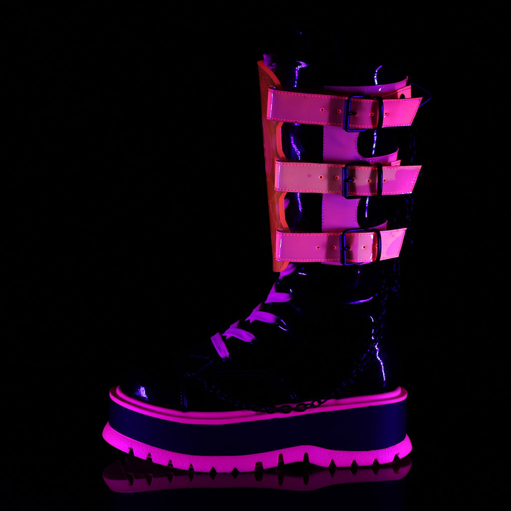 SLACKER-156 - Black Patent-UV Neon Pink Boots