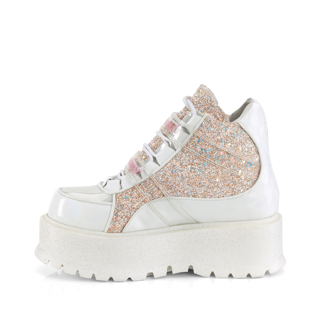 SLACKER-50 - White Holographic Patent-Pink Multi Glitter Boots