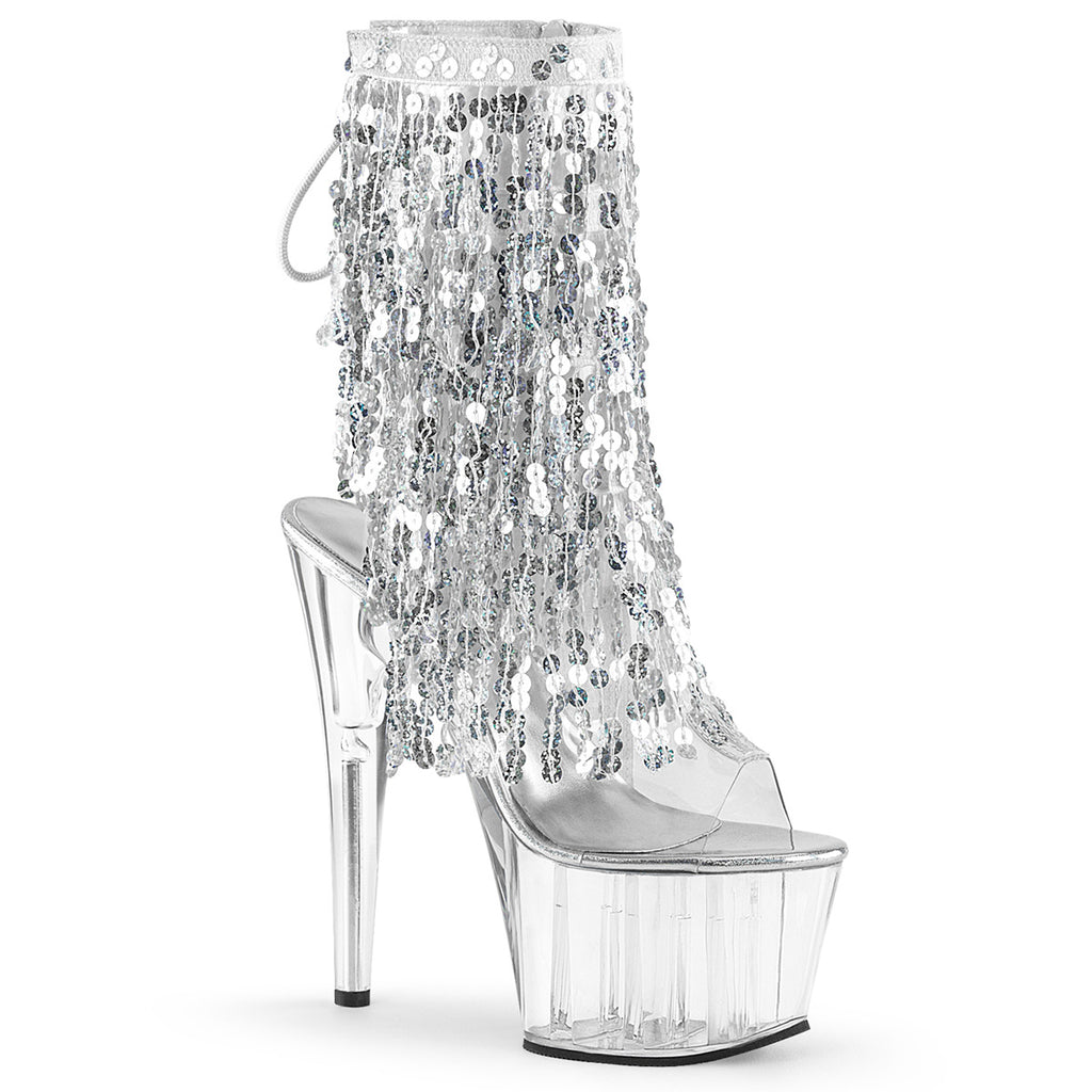 PLEASER Adore-1017SQF Silver Sequins Fringe Burlesque Dancer Club Boots Heels - A Shoe Addiction Australia