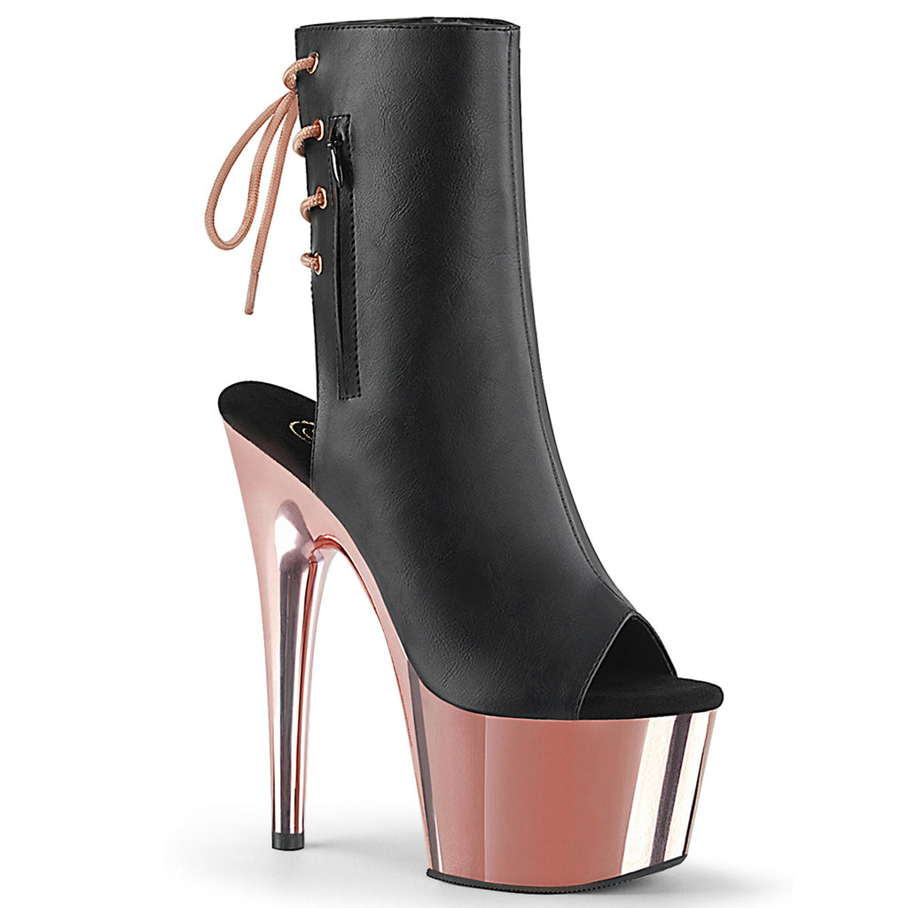 ADORE-1018 - Black Faux Leather/Rose Gold Chrome Boots