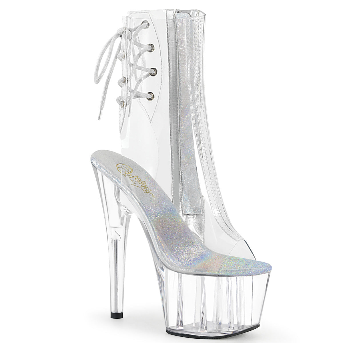 PLEASER Adore-1018C Clear See Through Dancer Open Toe Lace Up Back Calf 7" Boot - A Shoe Addiction