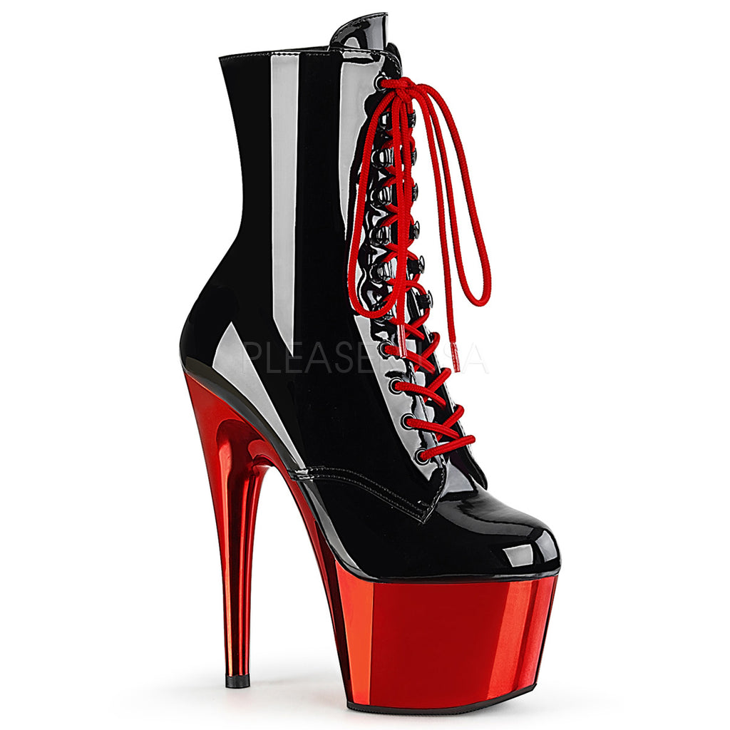 PLEASER Adore-1020 Red Rose Gold Chrome Lace Up Zip Ankle Calf 7" Platform Boots - A Shoe Addiction