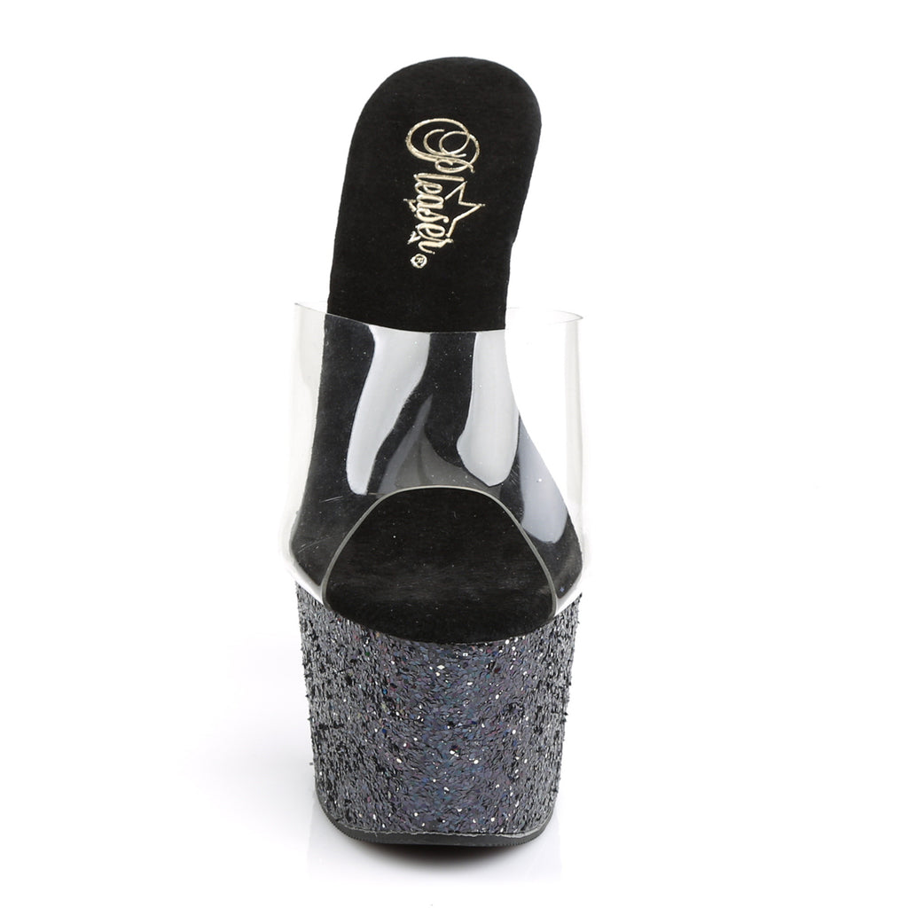 PLEASER Adore-701LG Black Glitter Slides Mules Pole Dance Platforms 7" Heels - A Shoe Addiction Australia