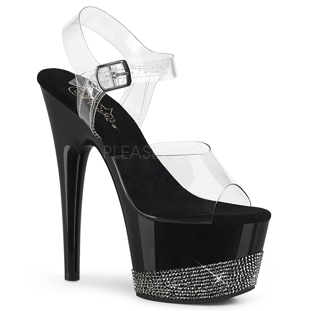 PLEASER Adore-708-3 Clear Black Rhinestone Pole Dancer Club Platforms 7" Heels - A Shoe Addiction