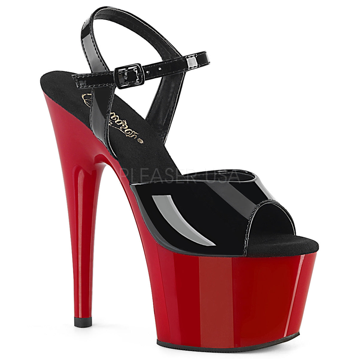 PLEASER Adore-709 Black Red Ankle Strap Stripper Pole Dancer Platforms 7" Heels - A Shoe Addiction