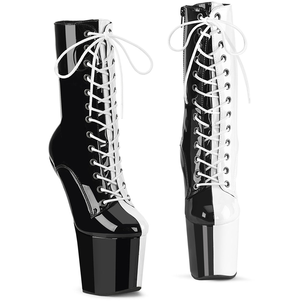 CRAZE-1040TT - Black-White Patent Heelless Boots