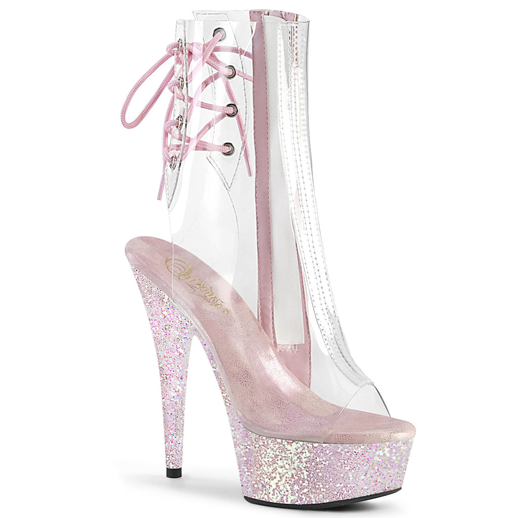 PLEASER Delight-1018C Clear Opal Glitter Pole Club Peep Toe Platform Ankle Boots - A Shoe Addiction