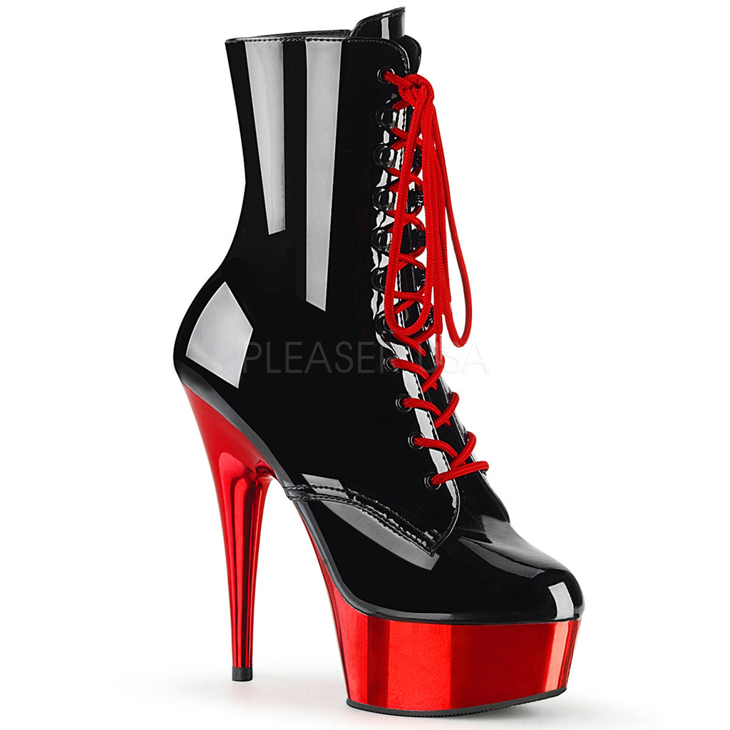 PLEASER Delight-1020 Black Rose Gold Red Chrome Laces 6" Heels Ankle Calf Boots - A Shoe Addiction
